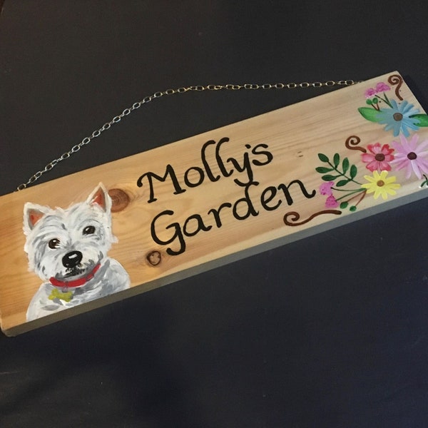 Dog Wooden Sign, Puppy Plaque, Personalised, Custom, Handmade, Hand-painted, Exterior, House Name, Farm, Cottage, Address, Memorial, Flowers