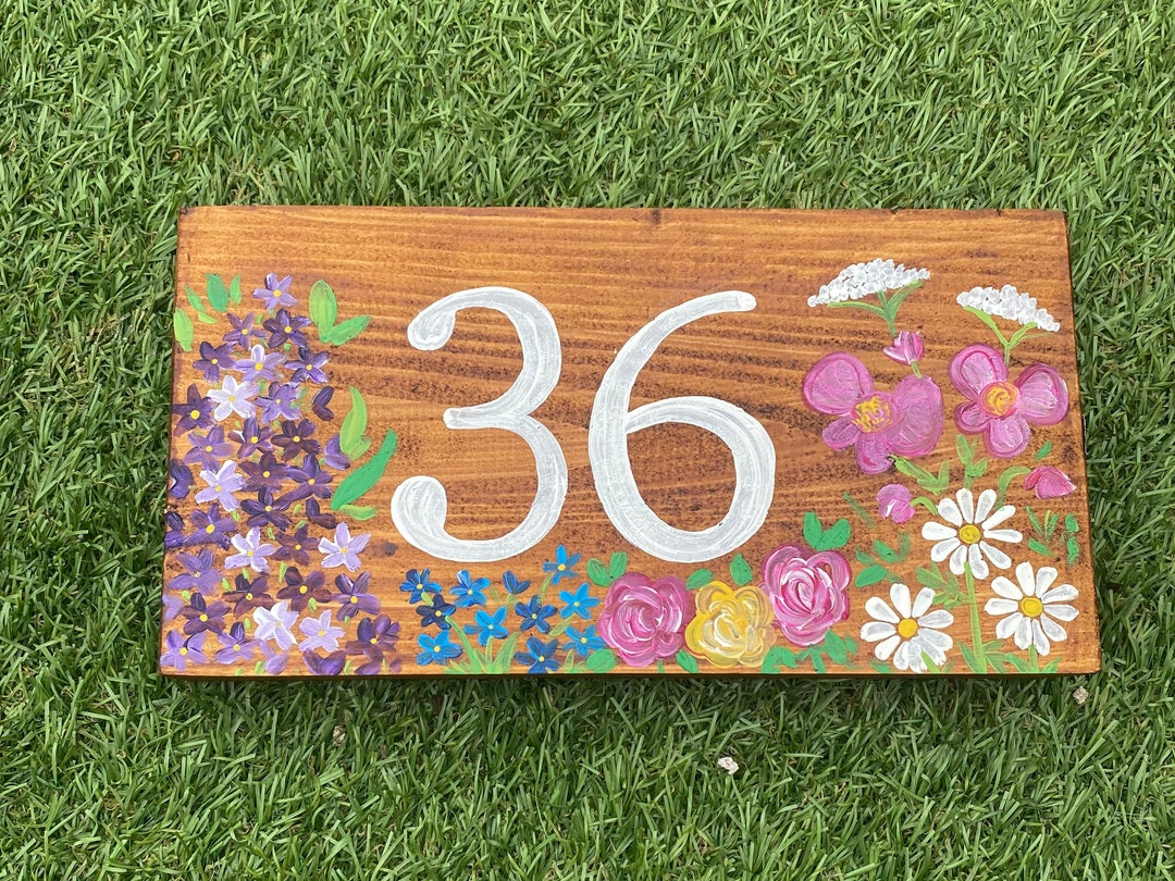 Cottage Flower Wooden House Number Sign, Personalised Door Number Plaque, House Name Cottage