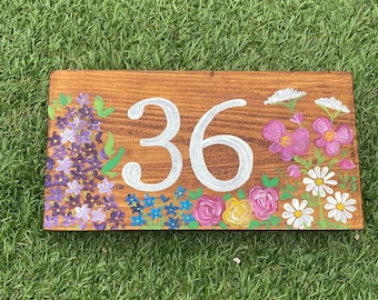 Cottage Flower Wooden House Number Sign, Personalised Door Number Plaque, House Name Cottage Name, Address Plaque, Wall Sign, Hand Painted