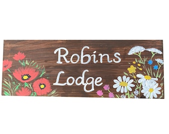 Wildflower House Name Plaque: Hand-Painted Wooden Cottage Sign
