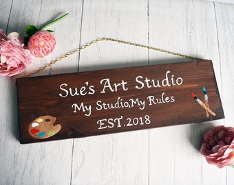 Exterior Art Studio Sign, Personalised Wooden Workshop House Name Sign, Paint, Man Shed, Garage, Office, Garden Decor, Wall Sign
