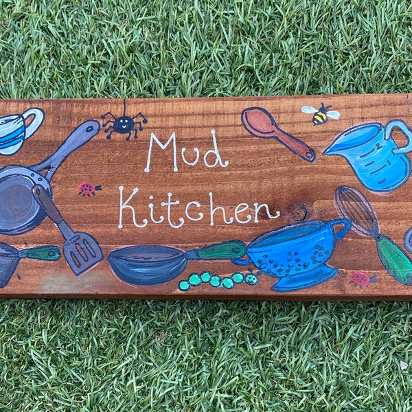 Mud Kitchen Wooden Sign, Play Kitchen, Role Play Sign, Utensil Sign, Preschool Play School, Plaque, Child Minder, Hand Painted, Rustic