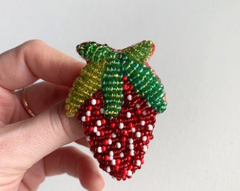 Strawberry Brooch, Handmade Eclectic Beaded Accessory, Wearable Art, Berry Design