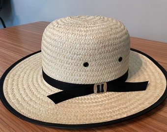 XL Amish Straw Hat Round Top Black Trimmed Extra Large