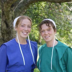 May include: Two women wearing white bonnets and traditional dresses stand in front of a tree with green leaves and red apples. The woman on the left is wearing a blue dress and the woman on the right is wearing a green dress.