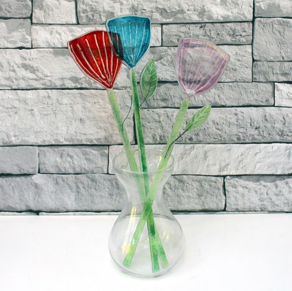 Bouquet De Fleurs En Verre 3 Fusion Tulipes En Verre Décoration Florale Verre Recyclé Ornement De Jardin Art Du Verre Art Floral Fleurs