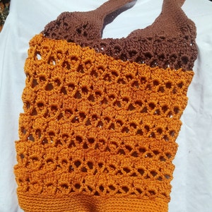 Large mustard and coffee coloured crocheted crossbody string shopping/swimming/storage bag
