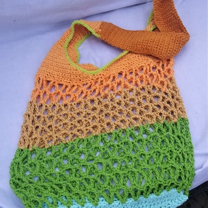 Crocheted crossbody shopping/swimming/storage bag in mustard, yellow, green and turquoise cotton