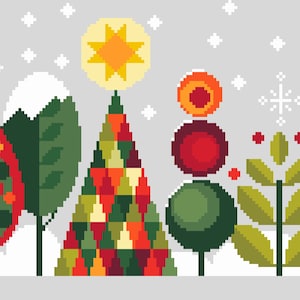 クロスステッチ クリスマス フォレスト ツリー - スカンジナビアのカラフルな季節 冬の休日 - Vivsters によるモダン フォーク アート - PDF カウント チャート 050A