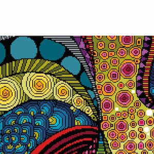 May include: A rectangular digital art print featuring a complex abstract pattern of interlocking shapes, spirals, and circles in vibrant shades of teal, yellow, red, purple, and grey, with dense line work and varied geometric textures throughout.