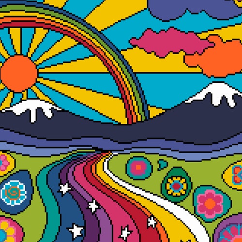 Cross Stitch Psychedelic Rainbow 70s Flower Power Landscape Etsy Singapore