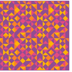 May include: Abstract geometric pattern composed of triangles and diamond shapes in purple, orange, and pink. The shapes are arranged in a mosaic style, creating a vibrant and colourful design. The background is a solid purple.