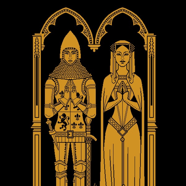 Medieval Knight and Lady effigy, BRASS RUBBING, instant PDF download cross stitch/tapestry chart by Vivienne Powers - 141C/D