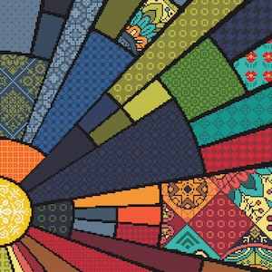 Kreuzstich Patchwork Sun Textile Collage - Ottoman/Boho Islamisch/Arabisch Quilt - Ethnische Volkskunst design von Viv - PDF Zählvorlage 276