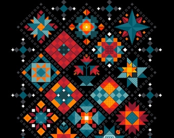 Cross Stitch pattern Shaker Patchwork, Amish Barn Quilt Tiles on black Advanced modern Folk Art design by Vivsters - PDF counted chart 043B