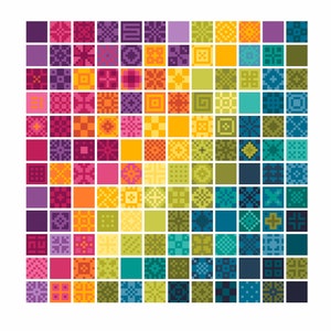 Muestra de patrones de punto de cruz con cuadrados de bloques de colores estampados, mosaicos de arcoíris, diseño de cuadrados de puntada de 10 x 10 de Vivsters, gráfico contado en PDF 003