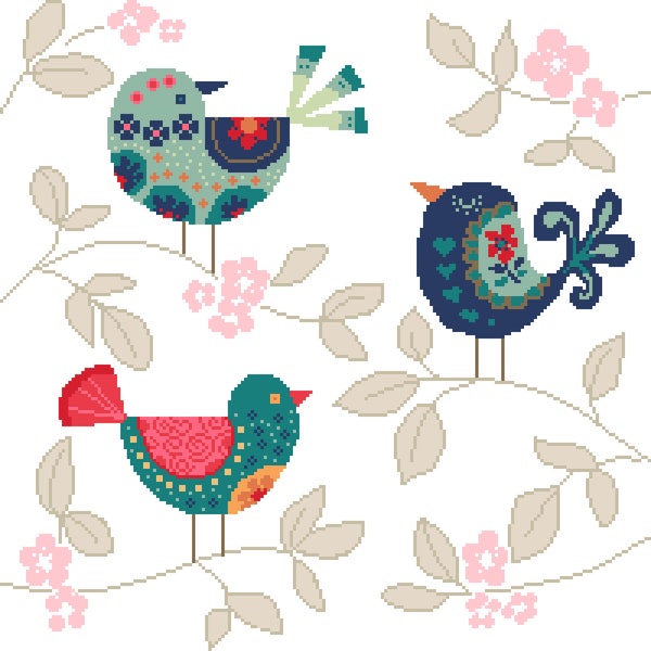 Cross stitch pattern, Cute Colourful Songbirds Scandinavian Style in Spring Blossom Flowers, Instant download PDF chart by Vivsters 032