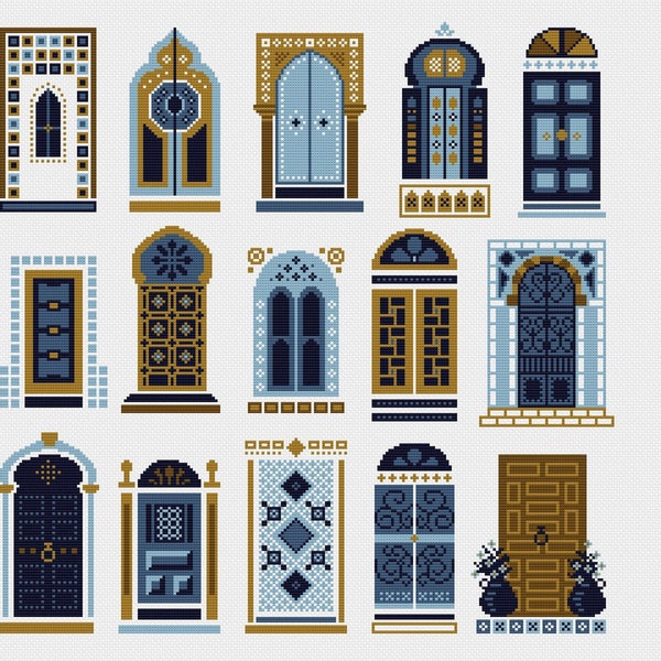 Cross Stitch Pattern Blue Moroccan Doors and Windows - Ottoman/Boho Islamic/Arabic Architecture - Ethnic Folk Art - counted chart 265A