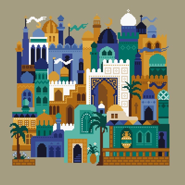 Cross Stitch Styles of the world Arabian Nights Abstract Eastern Archictecture Desert Fantasy city Castles and Temples PDF counted chart 172