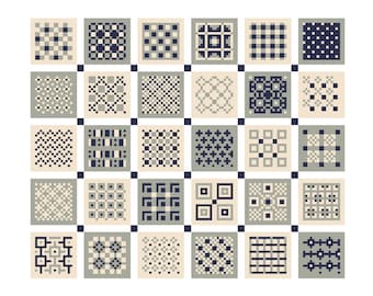 Cross Stitch Stitchery Sampler Macro Squares - Antique tiled patchwork Grey/Blue - Traditional embroidery - Vivsters - PDF counted chart 274