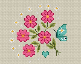 Primrose and Butterfly Cross Stitch Pattern: Mini Floral Bouquet