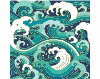 Cross Stitch pattern Japanese Blue Waves, Nautical Traditional Landscape, Oriental Abstract wall art, instant download PDF chart by Viv 219