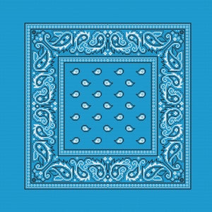May include: A blue bandana with a white paisley pattern. The bandana has a white border and a white inner border.