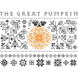 Puede incluir: Diseño de punto de cruz con una calabaza naranja y un patrón de estrella, rodeado de elementos florales y geométricos en blanco y negro. El texto "THE GREAT PUMPKIN" está en la parte superior. Una pieza decorativa para el otoño.