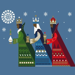 May include: Three wise men, depicted in a pixelated style, walk in a line. The man on the left wears a green robe with gold trim and carries a star-shaped object. The middle man wears a blue robe with gold trim and carries a chalice. The man on the right wears a red robe with gold trim and carries a box. The background is a blue sky with white snowflakes.