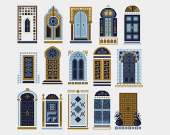 Cross Stitch Pattern Blue Moroccan Doors and Windows - Ottoman/Bohemian Islamic/Arabic Architecture - Ethnic Folk Art - counted chart 265A