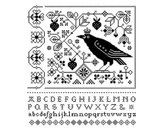 Cross Stitch Pattern Fraktur Raven, Halloween Crow, Blackbird Alphabet Sampler Quaker Blackwork Modern Folk Art design PDF counted chart 196