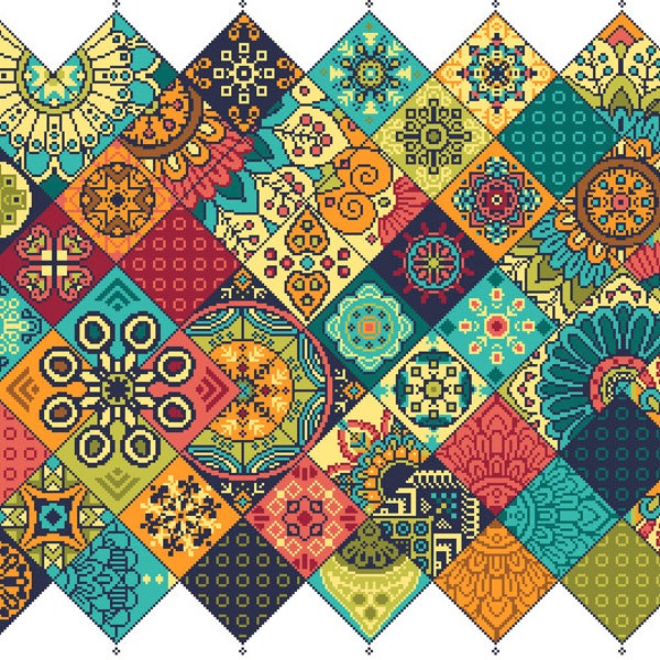 Cross Stitch Patchwork Tiles, Geometric Ottoman, Bohemian Islamic, Arabic Squares, Ethnic Folk Art design by Vivsters- PDF counted chart 054