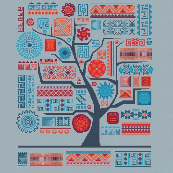 African Aztec Inka Tribal Tree of Life, Fire variant, Contemporary ethnic cross stitch/tapestry chart by Vivienne Powers - No. 158C