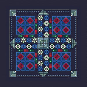 May include: A blue and white geometric pattern with red and green accents. The pattern is symmetrical and has a repeating design. The background is a dark blue.