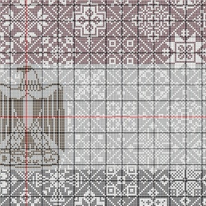 May include: A cross-stitch pattern featuring a brown eagle with a black beak and eyes. The eagle is centered on a white background with a light brown border. The pattern is on a grid with red and black lines.