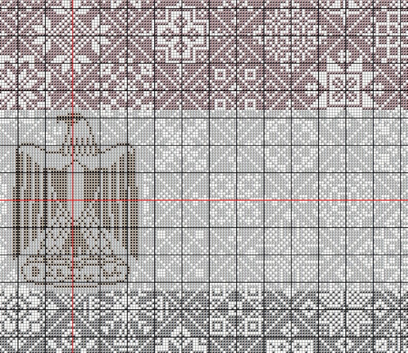 May include: A cross-stitch pattern featuring a brown eagle with a black beak and eyes. The eagle is centered on a white background with a light brown border. The pattern is on a grid with red and black lines.
