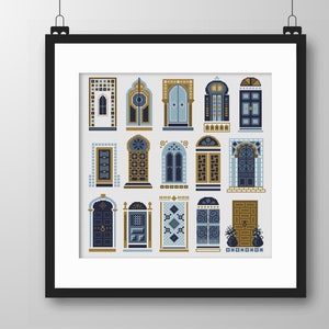 Cross Stitch Pattern Blue Moroccan Doors and Windows - Ottoman/Bohemian Islamic/Arabic Architecture - Ethnic Folk Art - counted chart 265A