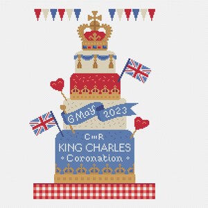 Cross Stitch pattern to celebrate King Charles III Coronation Day Street Party Cake with crown and flags by Vivsters counted chart 110B