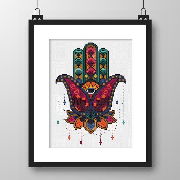 Cross stitch pattern Hamsa hand - Mehindi - Hand of Fatima - Good Luck charm - cross stitch/tapestry PDF download chart by Vivsters - 019