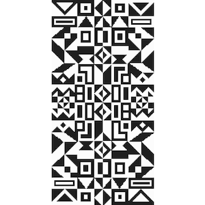 Puede incluir: Patrón geométrico en blanco y negro con formas repetidas, incluyendo triángulos, cuadrados y diamantes.