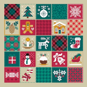 Weihnachten Kreuzstich Anleitung mit Festliche Motive bunte Stoff Quadrat Minis 40x40 ideal für Weihnachtsmannkarten PDF 170