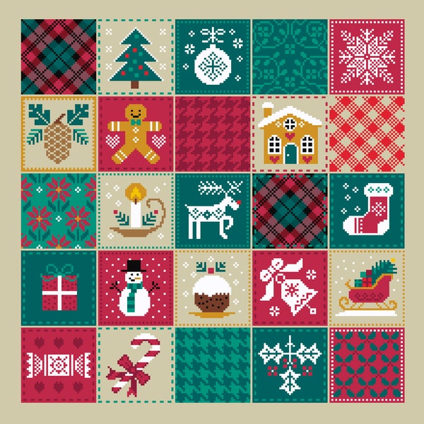 Christmas Cross Stitch quilt pattern with Festive motifs colourful Fabric Square minis 40x40 ideal for Santa cards counted chart PDF 170