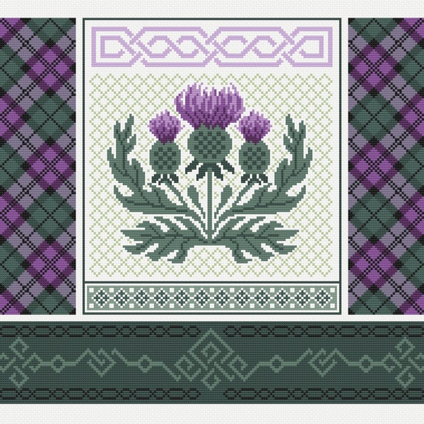 Kreuzstich Blume von Schottland für St. Andrews Day Distel, Tartan und keltische Knüpfarbeit, traditionellen Stil Sampler PDF gezählt chart 326