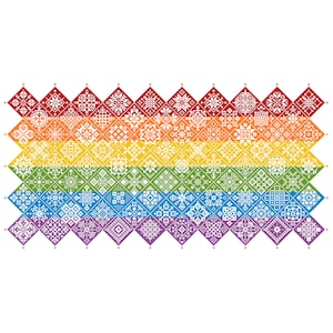 May include: A rectangular embroidery pattern featuring a rainbow gradient background composed of horizontal stripes in red, orange, yellow, green, blue, and purple. Each stripe contains a series of white diamond-shaped cross-stitch motifs.