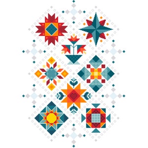 May include: A cross-stitch pattern featuring a symmetrical arrangement of geometric shapes, stars, and floral motifs in shades of red, orange, yellow, and teal. The design includes various diamond, square, and star-shaped elements on a white background.