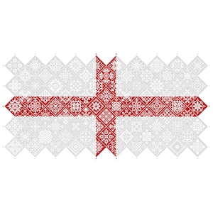 Peut inclure: Une illustration graphique du drapeau de l'Angleterre composée d'une grille de carreaux en forme de losange. Les carreaux présentent des motifs géométriques complexes en blanc et rouge, avec la croix centrale en rouge foncé sur fond gris.