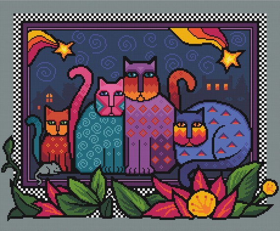 Midnight Cats Cross Stitch Pattern: Colorful Moggies Series (PDF