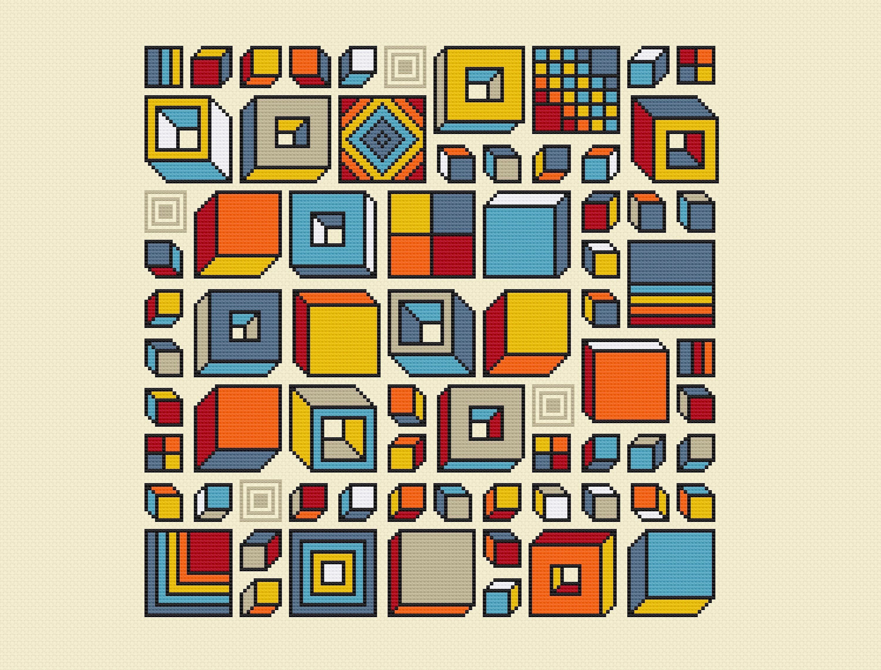3D Geometric Cross Stitch Pattern: Crazy Squares Truchet Tiles
