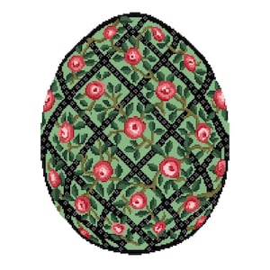 May include: An egg-shaped design featuring a green background with a black lattice pattern. Red roses and green leaves are interspersed throughout the design. The overall aesthetic is reminiscent of a floral pattern.