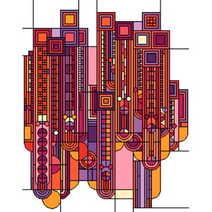 Padrão de ponto cruz Art Deco 1920s Saguaro Pink-Orange colorway - Geométrico - Art masters - PDF Counted Chart 251B